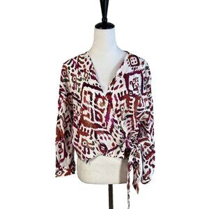 Zara Abstract Geometric Print Top With Knot Long Sleeves Blouse Women's Size XL